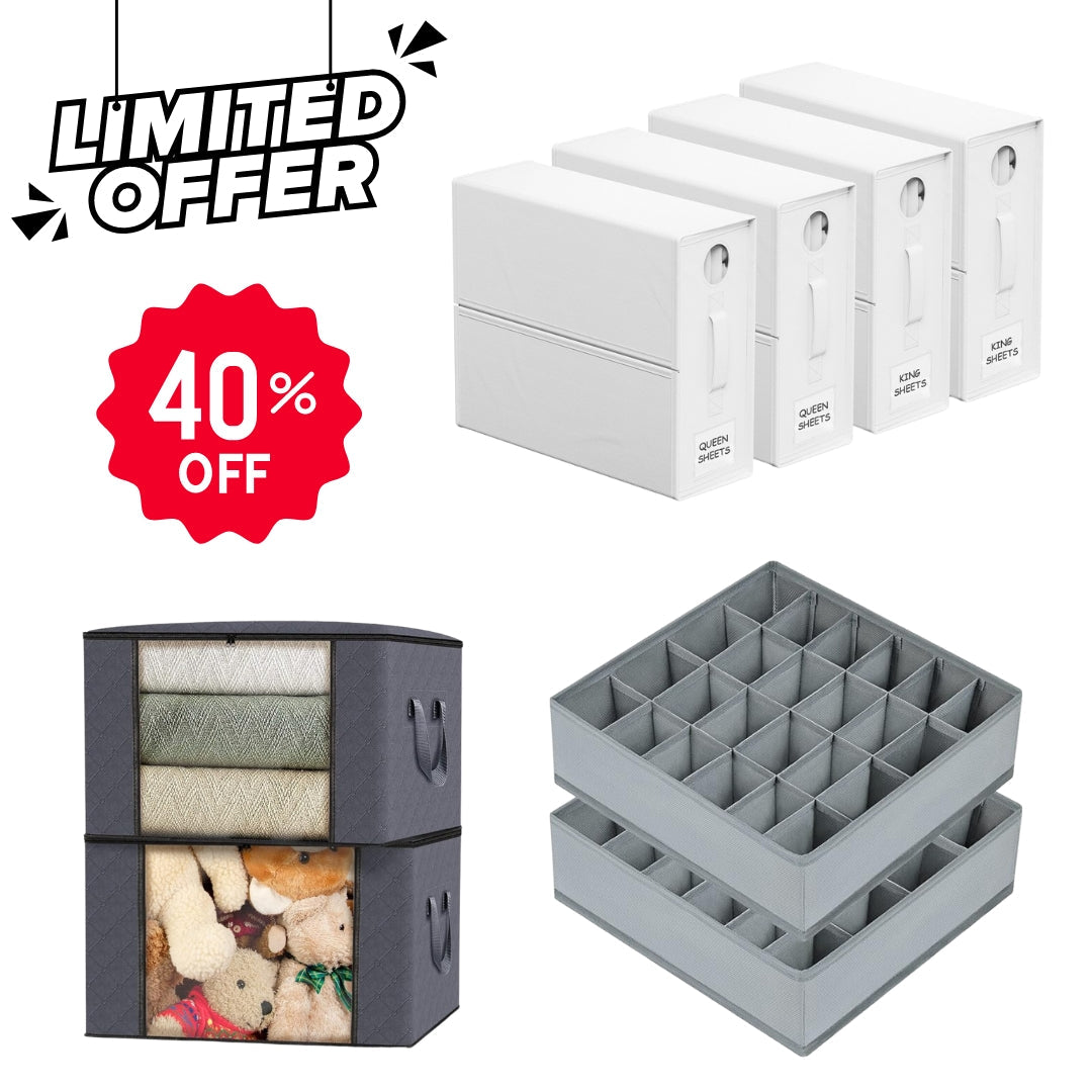 4 Bed Sheet Organizers + 2 Multi-Use Storage Bags + 2 Sock Drawer Organizers